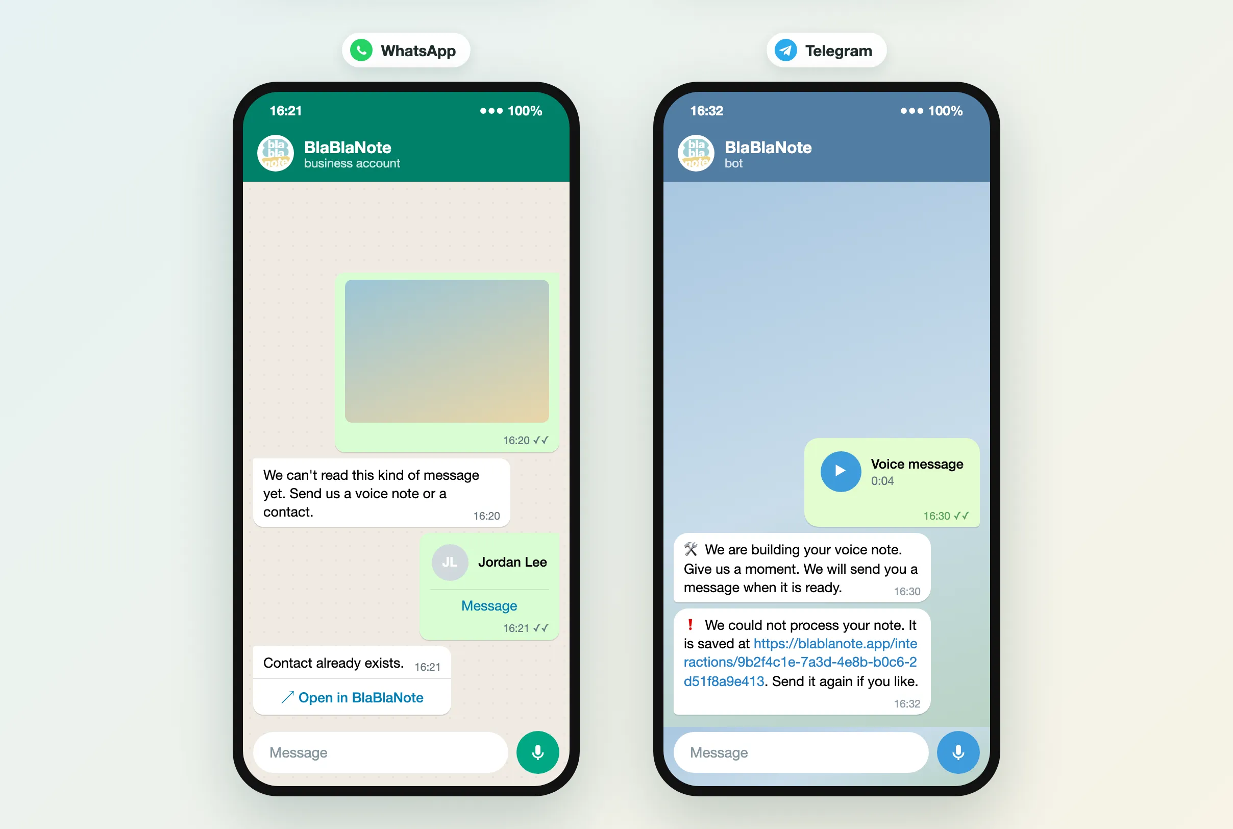 The bot answering a photo it cannot read, a contact that is already in your network, and a note that failed to process