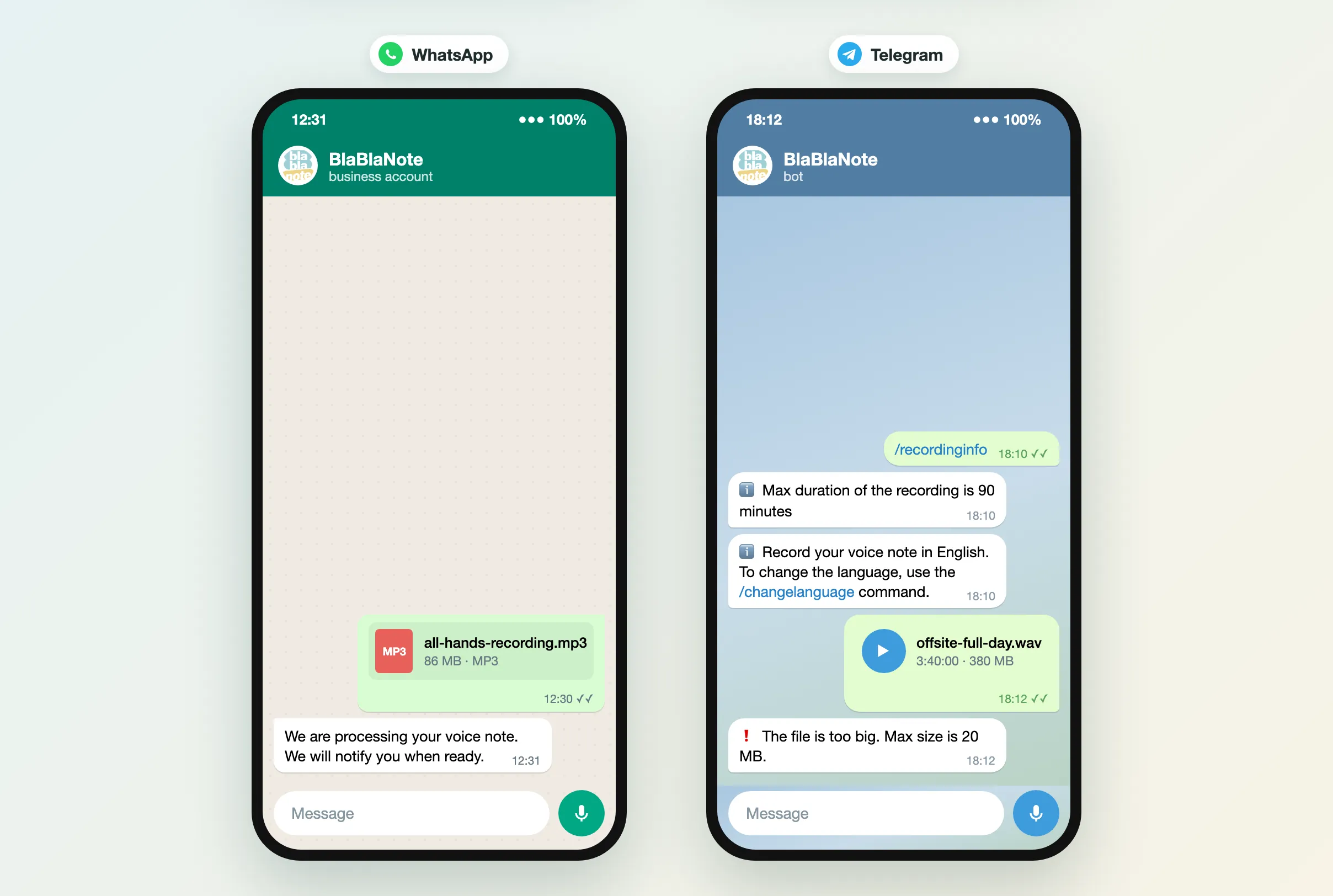 WhatsApp takes an 86 MB recording, while Telegram refuses a file past its 20 MB limit and says so