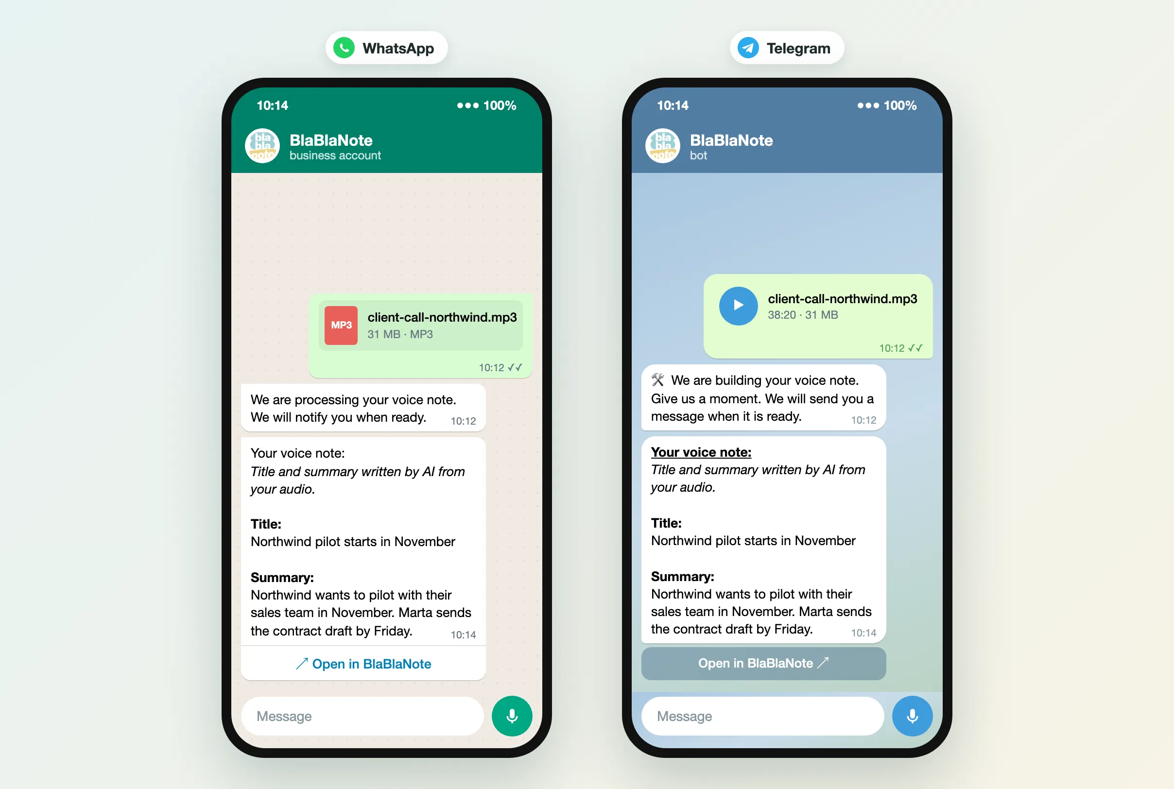 The same note on WhatsApp and on Telegram: one message with the title, the summary and the Open in BlaBlaNote button