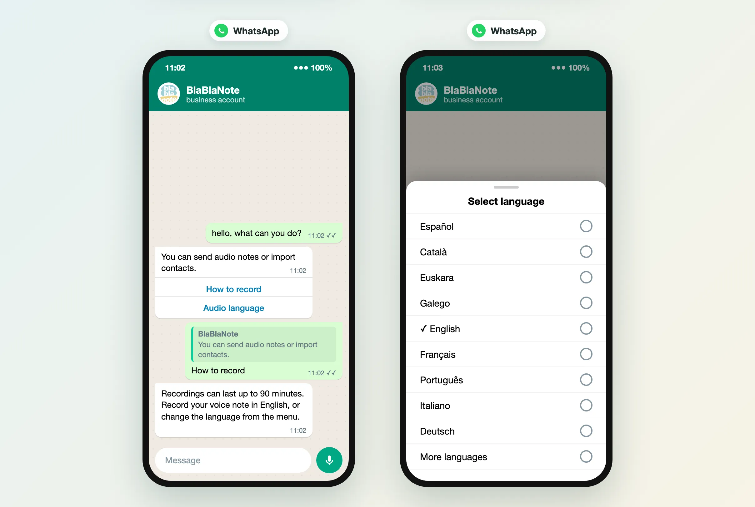 The WhatsApp bot menu with How to record and Audio language, and the language list with English selected