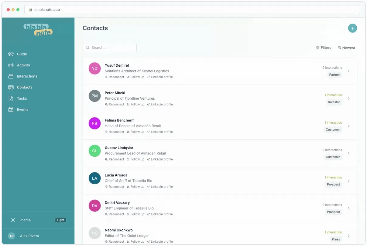 The Theme button at the foot of the sidebar opens the colour scheme picker, and choosing Dark repaints the whole contact list behind it