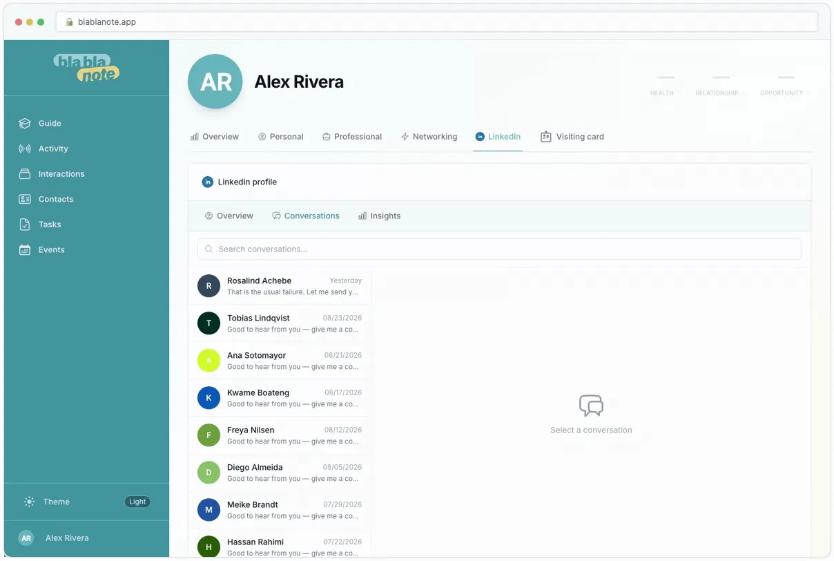 A LinkedIn conversation opened inside BlaBlaNote, and one click on “Add as contact” turning the person at the other end into a contact — thread and all