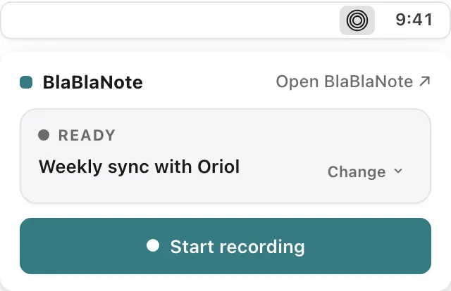 BlaBlaNote Recorder open from the menu bar, ready to record the weekly sync it found in the calendar
