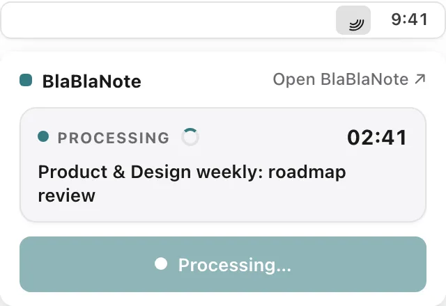 The recorder after finishing: “Processing” status with a spinner, the final time, and the button greyed out while it processes the meeting