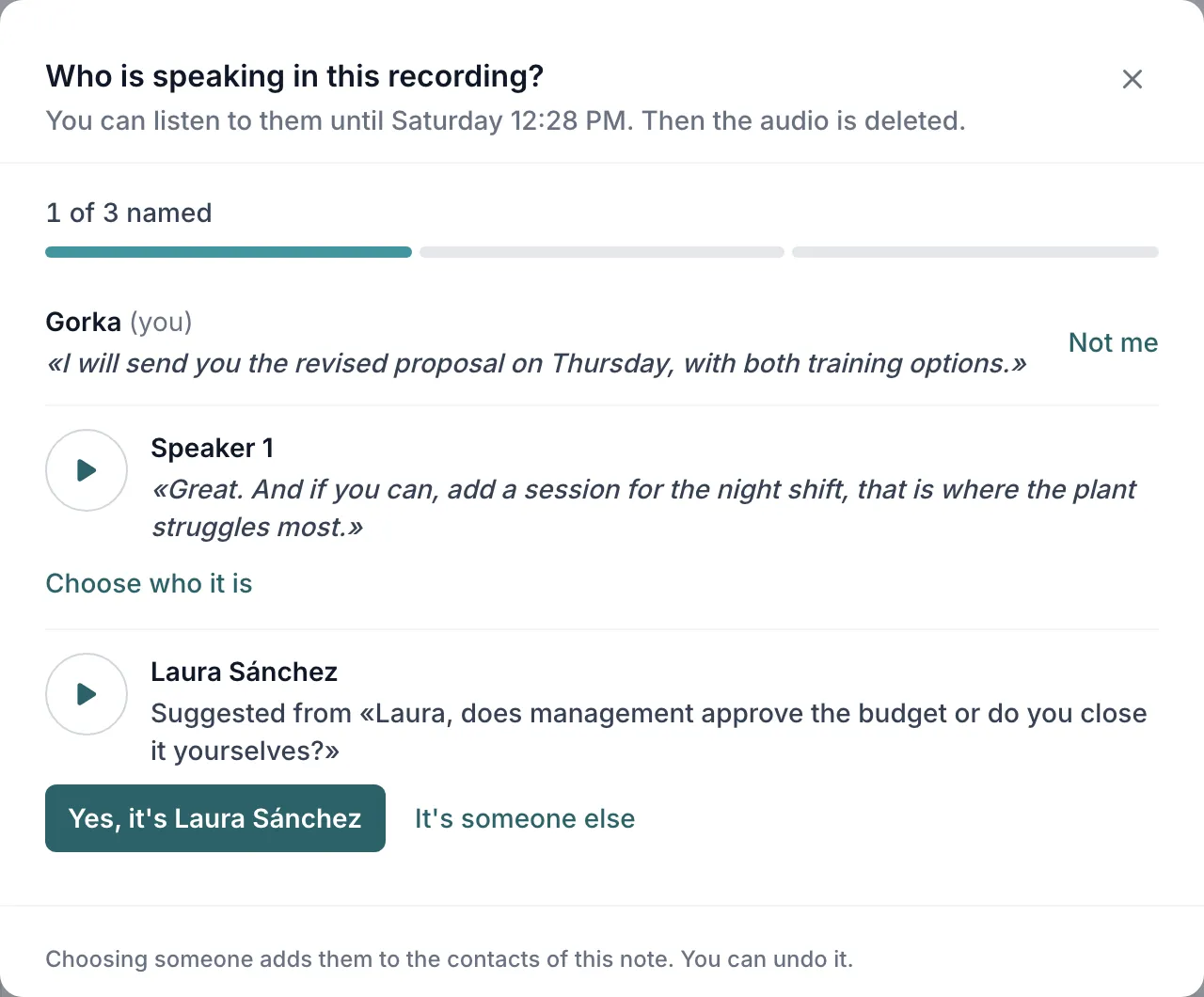 The Who is speaking window with a suggestion from the AI: the voice, the sentence it is based on, a button to listen, and the choice between confirming the name or saying it is someone else