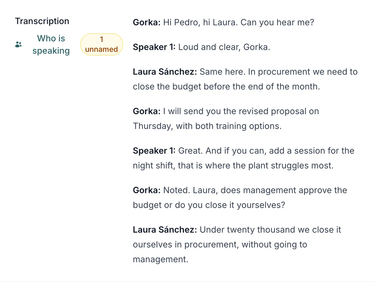 The transcript of a meeting recorded with the desktop recorder, as a dialogue: the user’s turns under their first name, the other voices with the names chosen for them