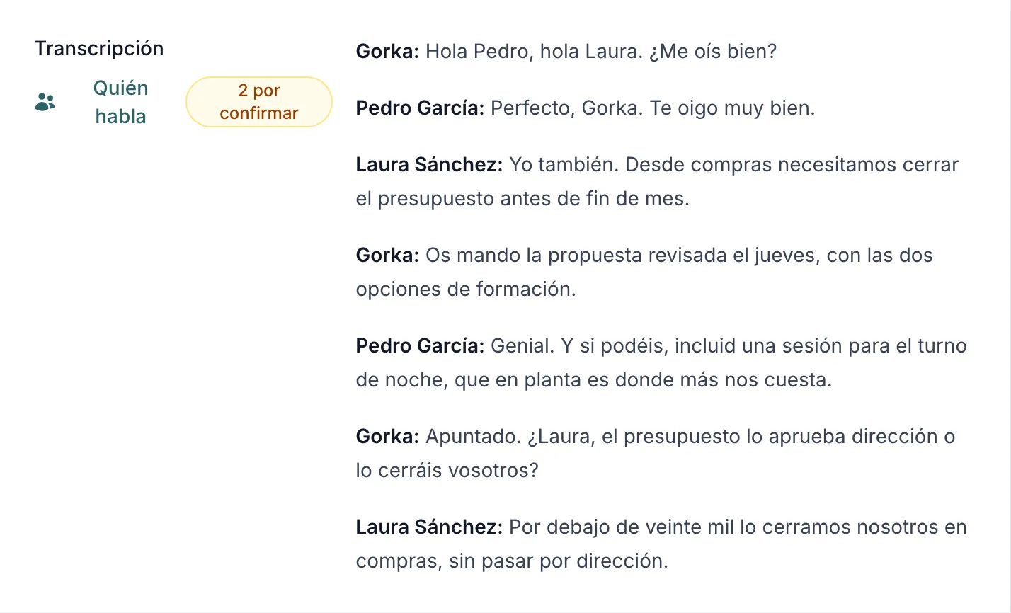 La transcripción de una reunión grabada con el grabador de escritorio, en forma de diálogo: los turnos del usuario con su nombre de pila y las demás voces con los nombres elegidos para ellas