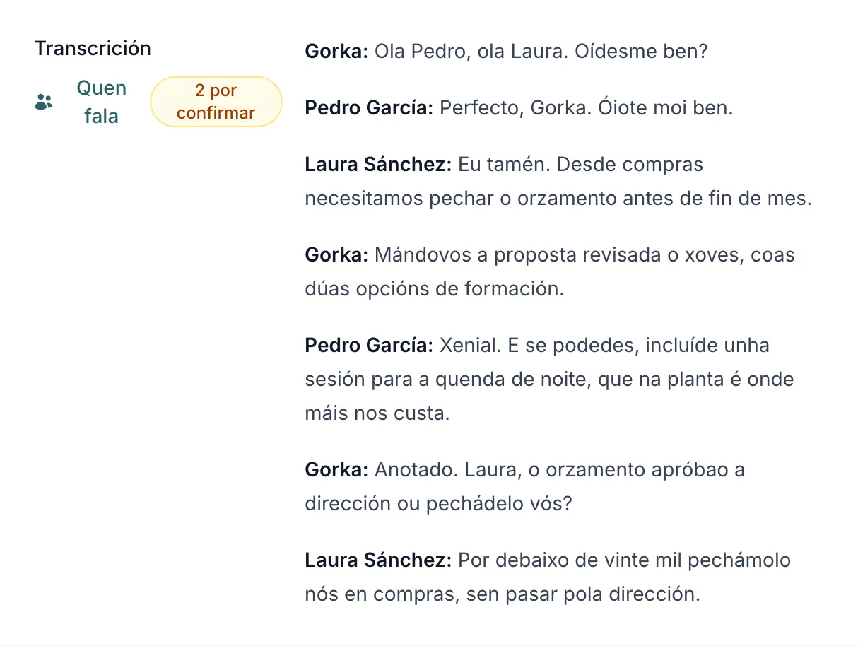 A transcrición dunha reunión gravada co gravador de escritorio, en forma de diálogo: as quendas do usuario co seu nome de pía e as demais voces cos nomes escollidos para elas