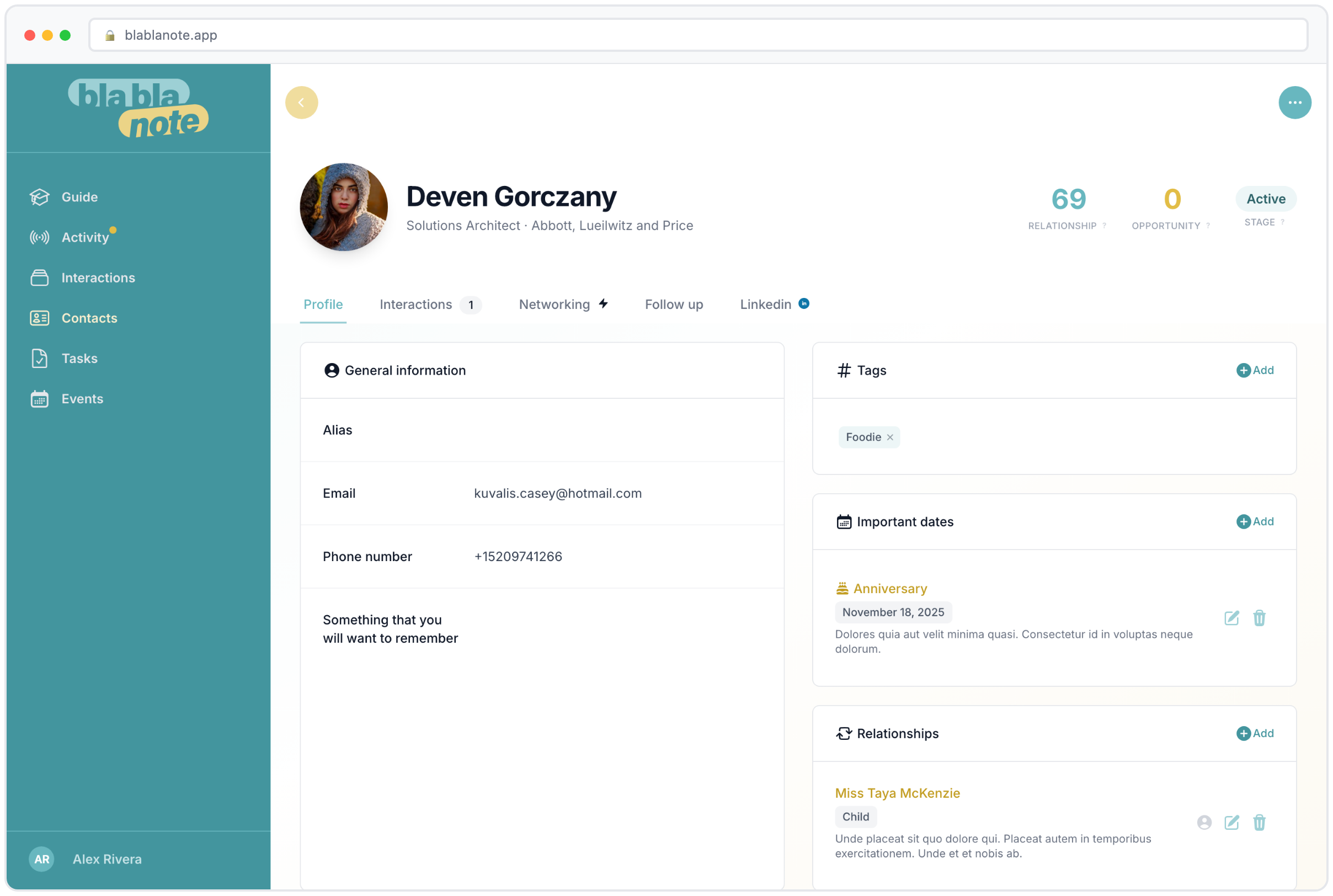 Contact detail page with professional info and interaction history