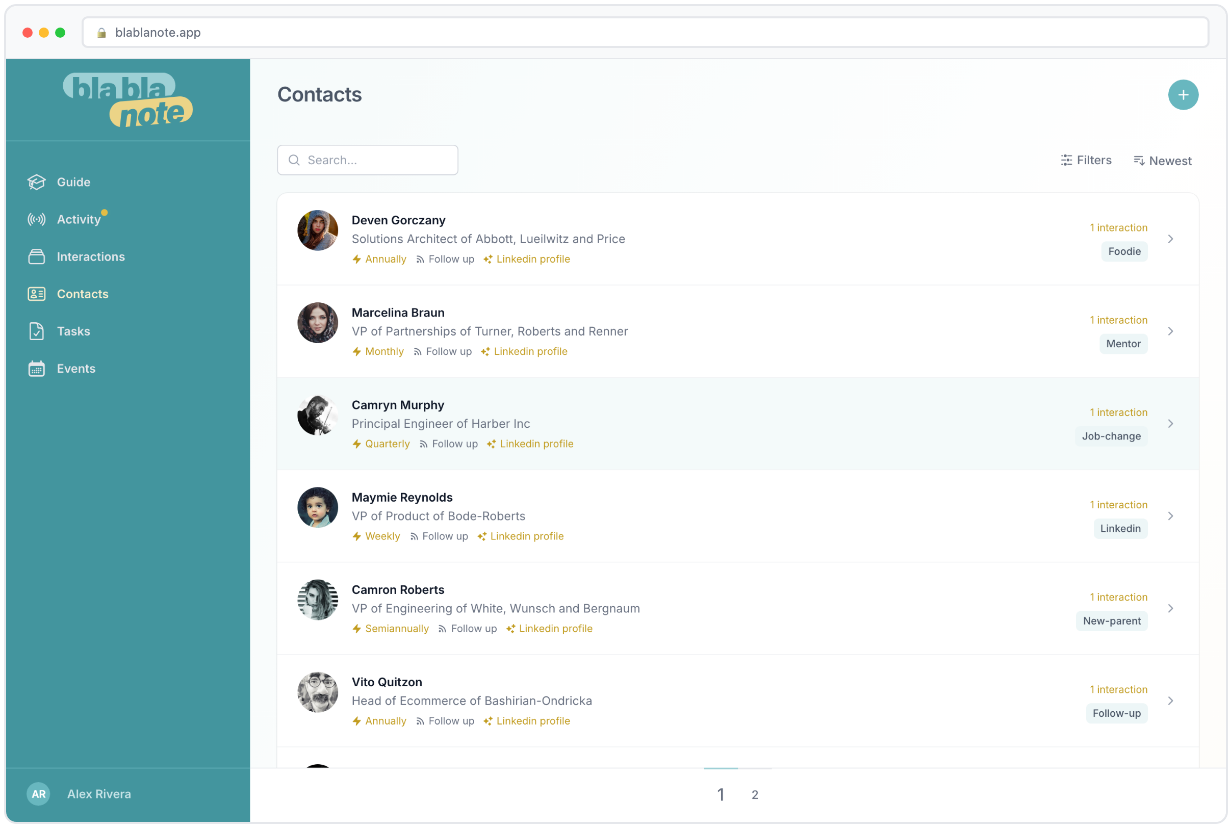 Contacts list with client profiles and interaction history