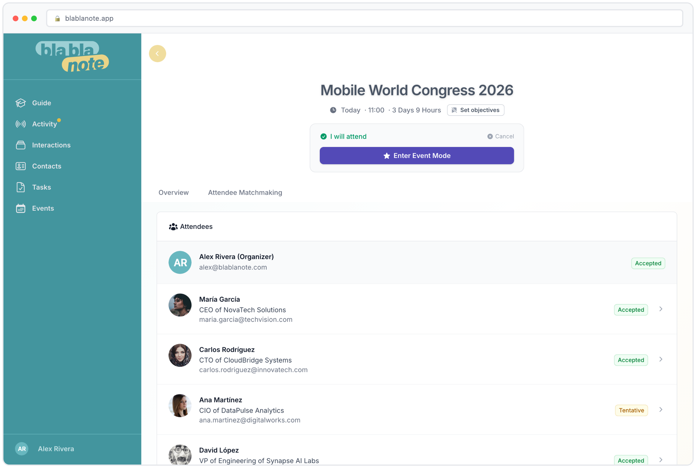Event attendees list with AI-matched networking opportunities