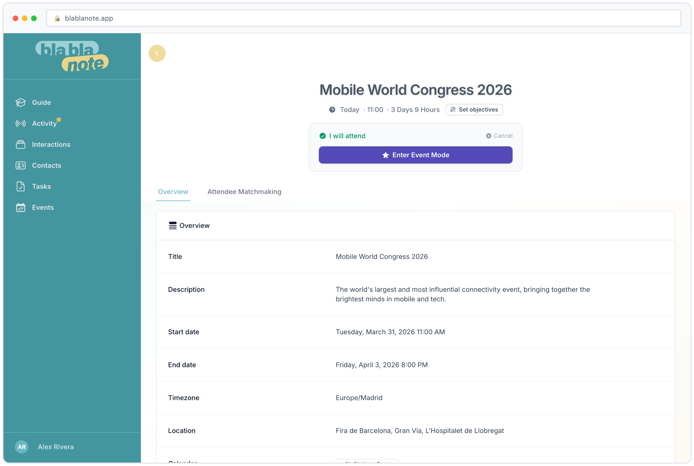Event detail page with attendees and meeting context