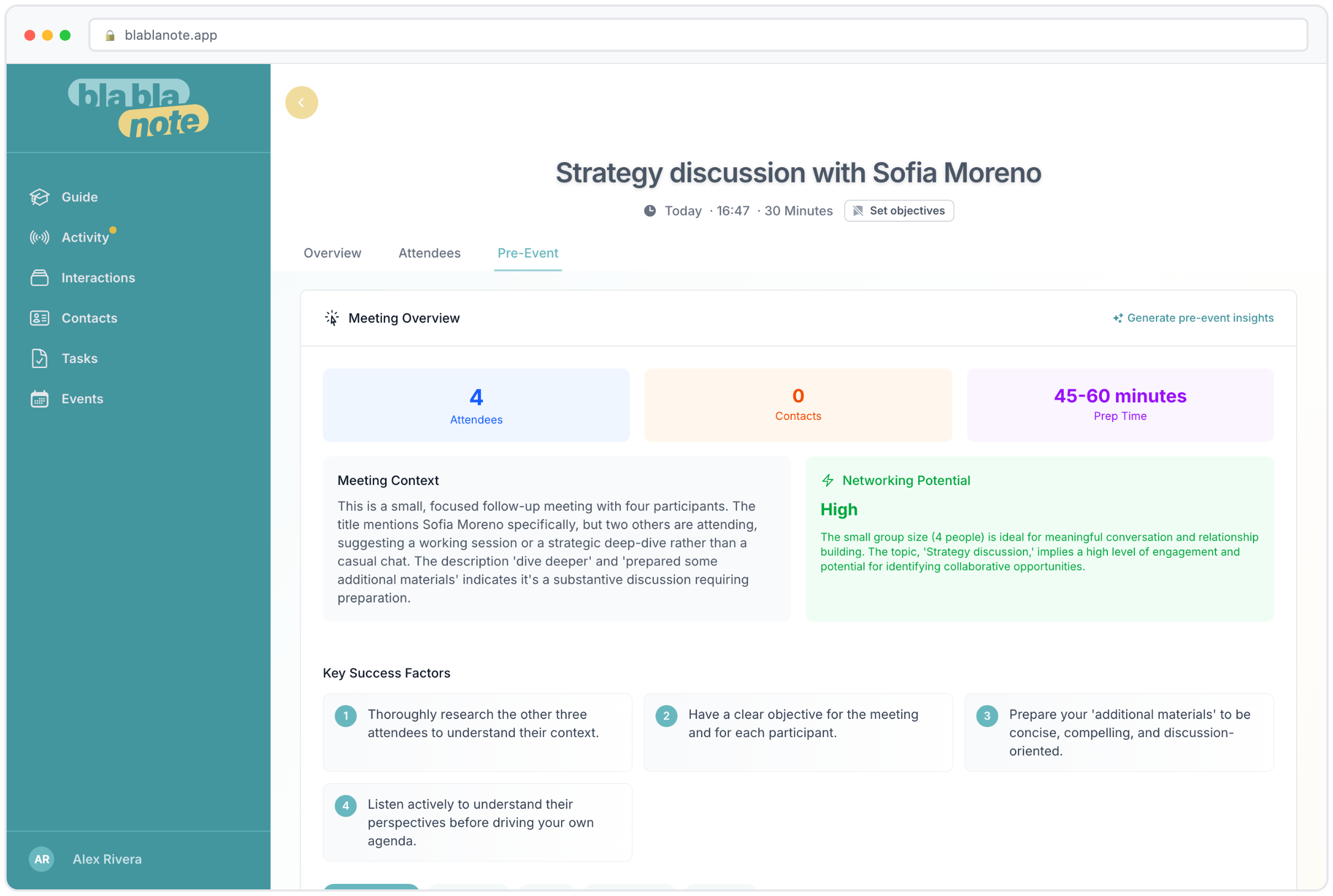 Pre-event insights with conversation starters and preparation checklist