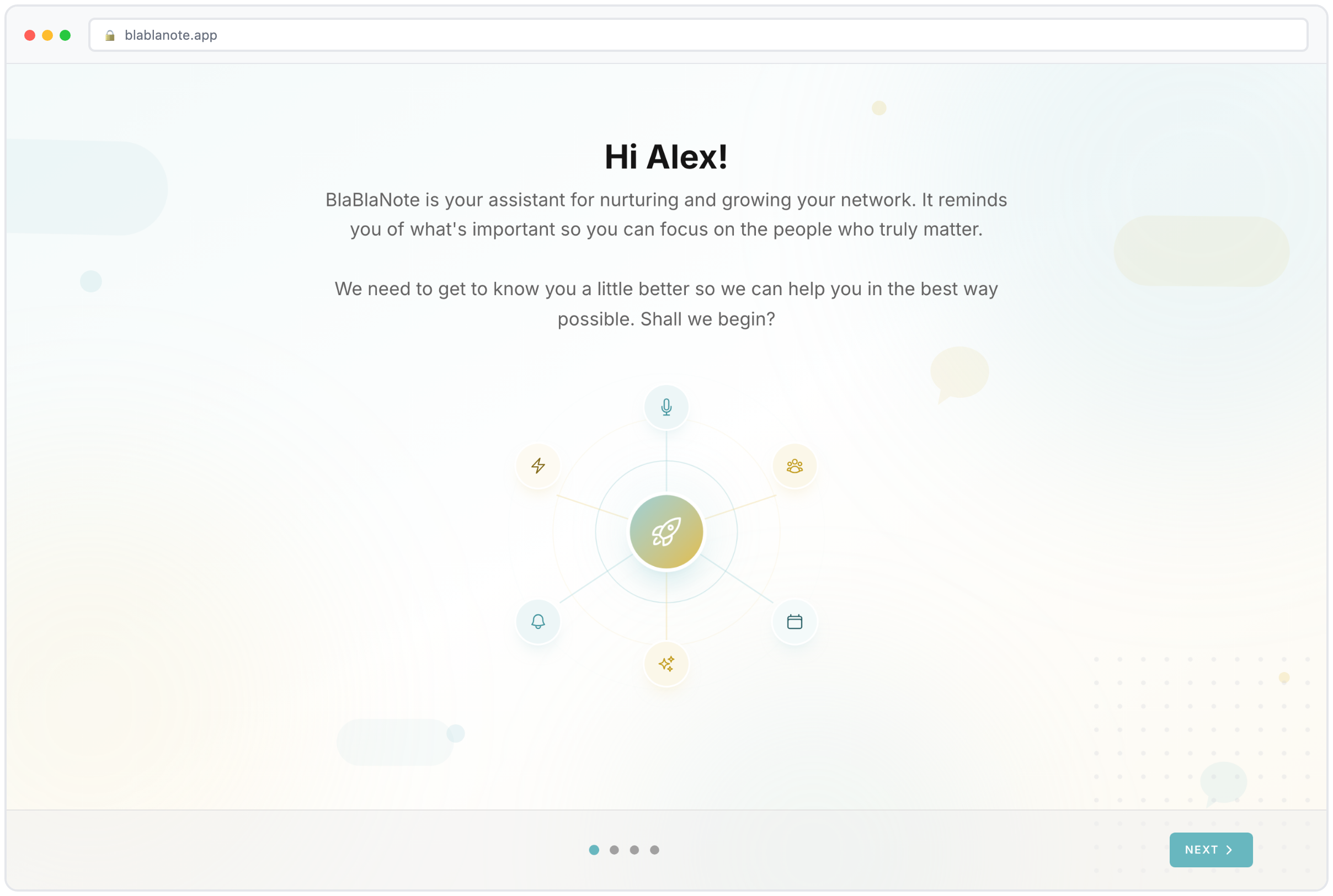 BlaBlaNote guide dashboard with weekly overview and upcoming meetings