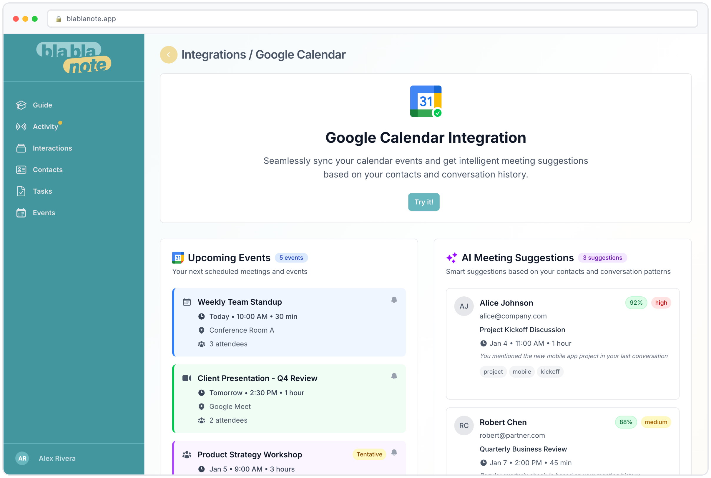 Google Calendar integration syncing events with BlaBlaNote
