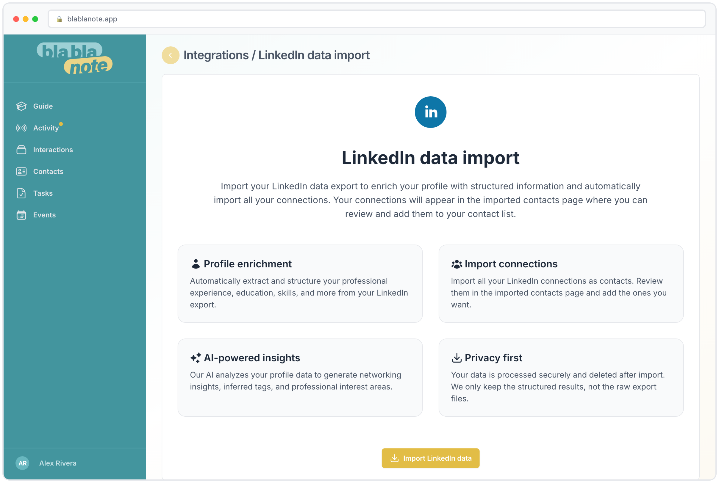 LinkedIn data export integration in BlaBlaNote