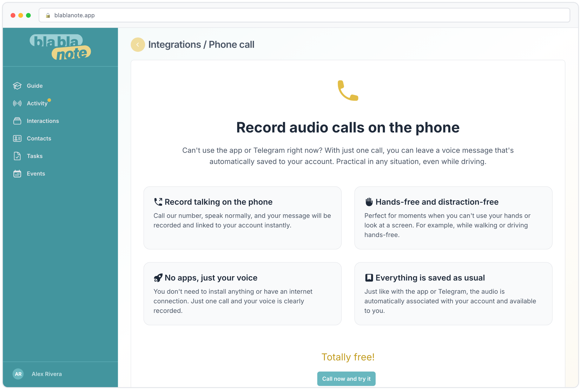 BlaBlaNote phone call integration for hands-free voice capture