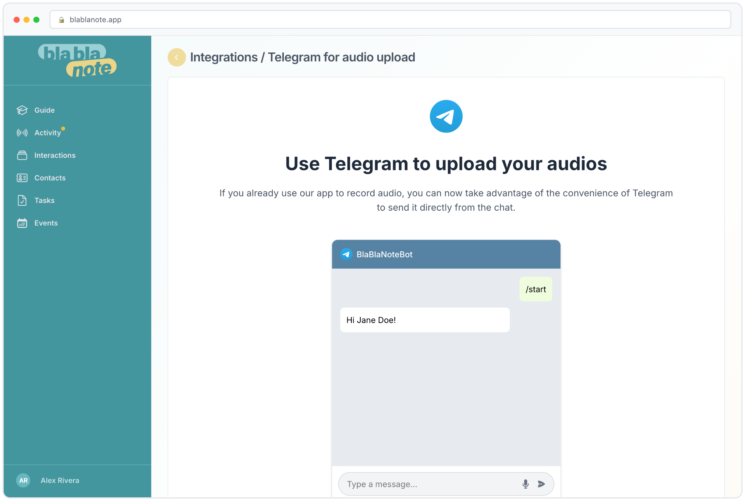 Telegram bot integration for voice and text capture
