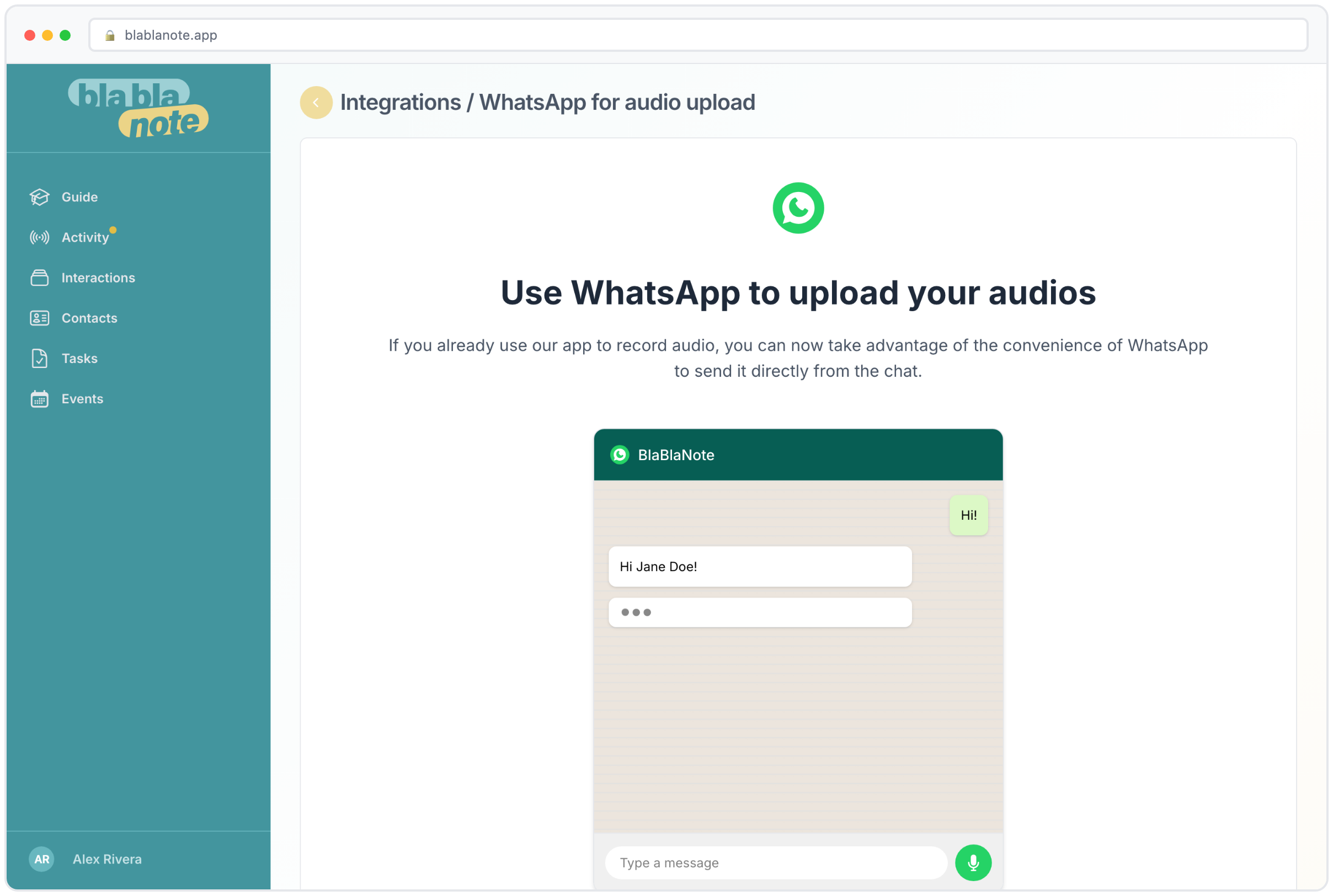 WhatsApp integration for sending voice notes to BlaBlaNote