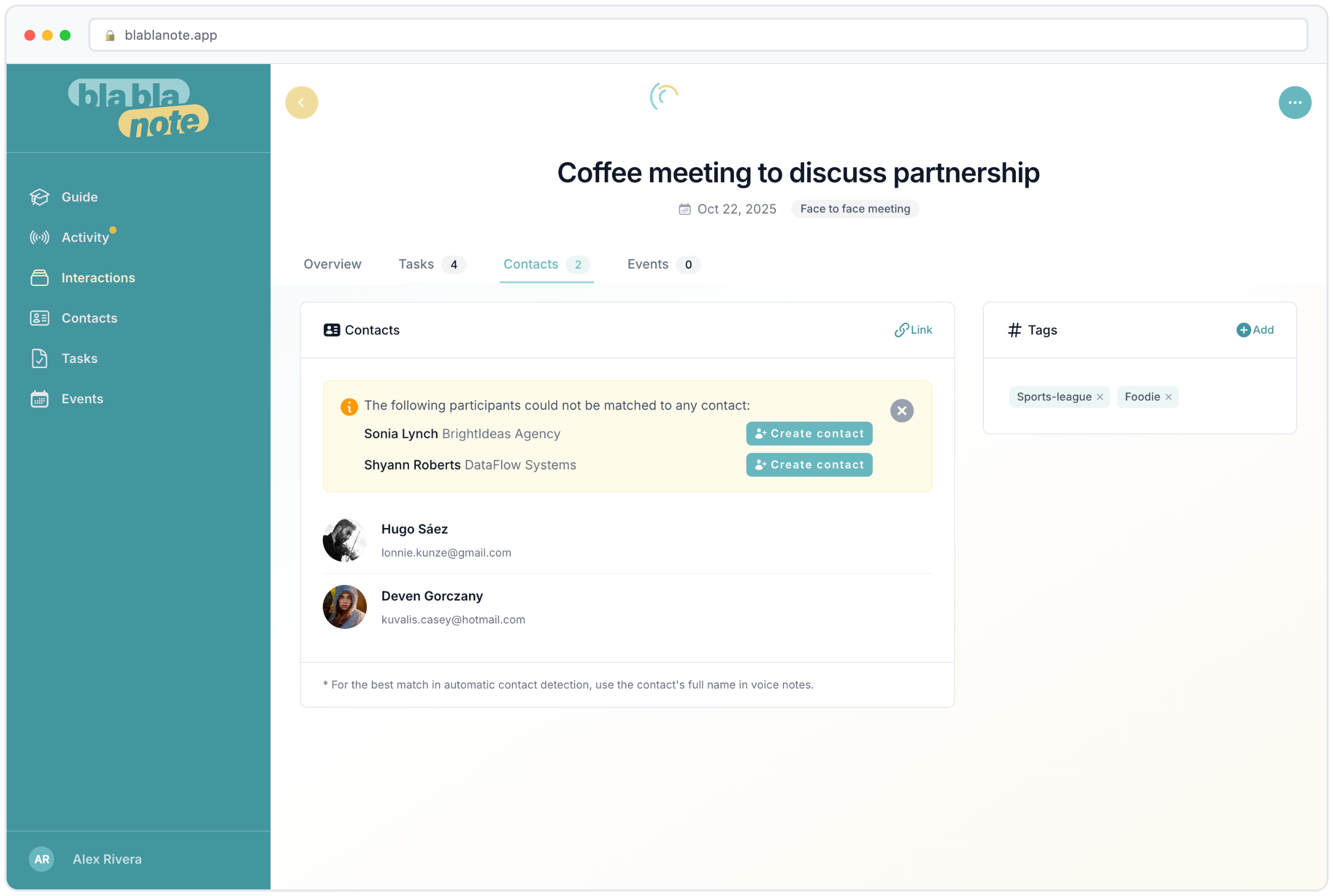 Contact interactions showing full session history