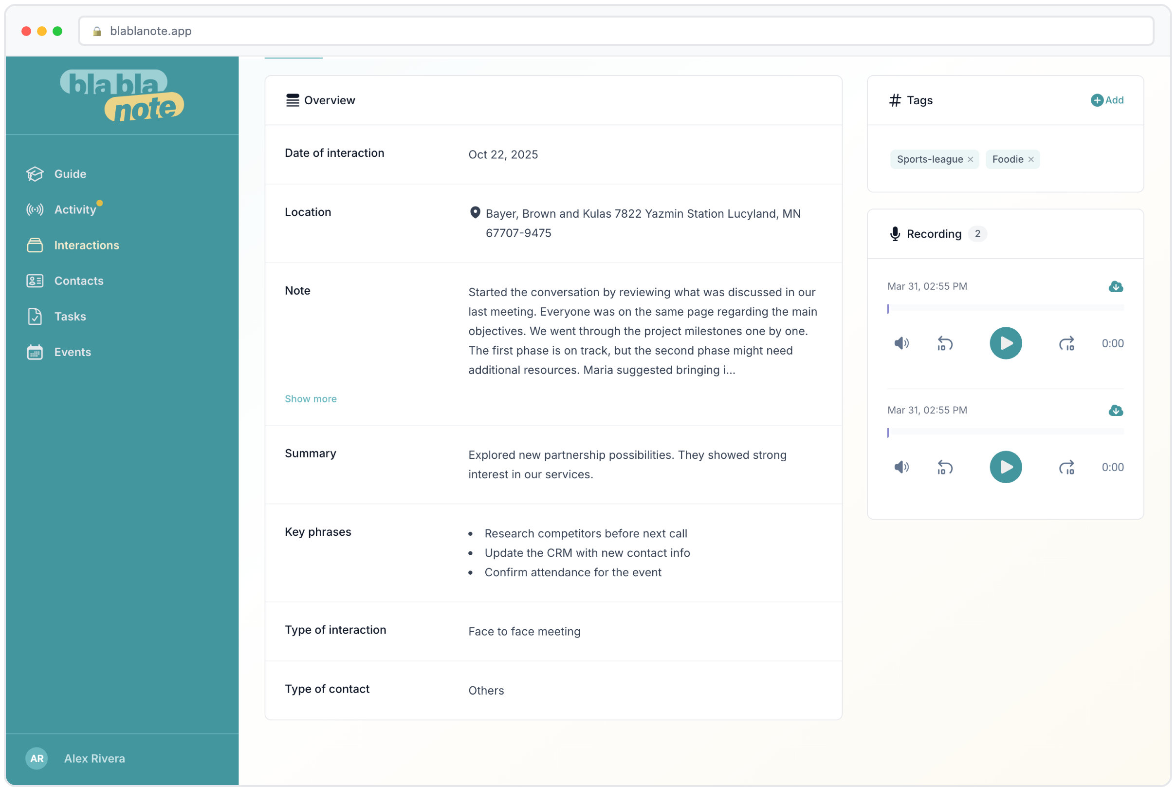 Interaction detail showing AI-generated session summary