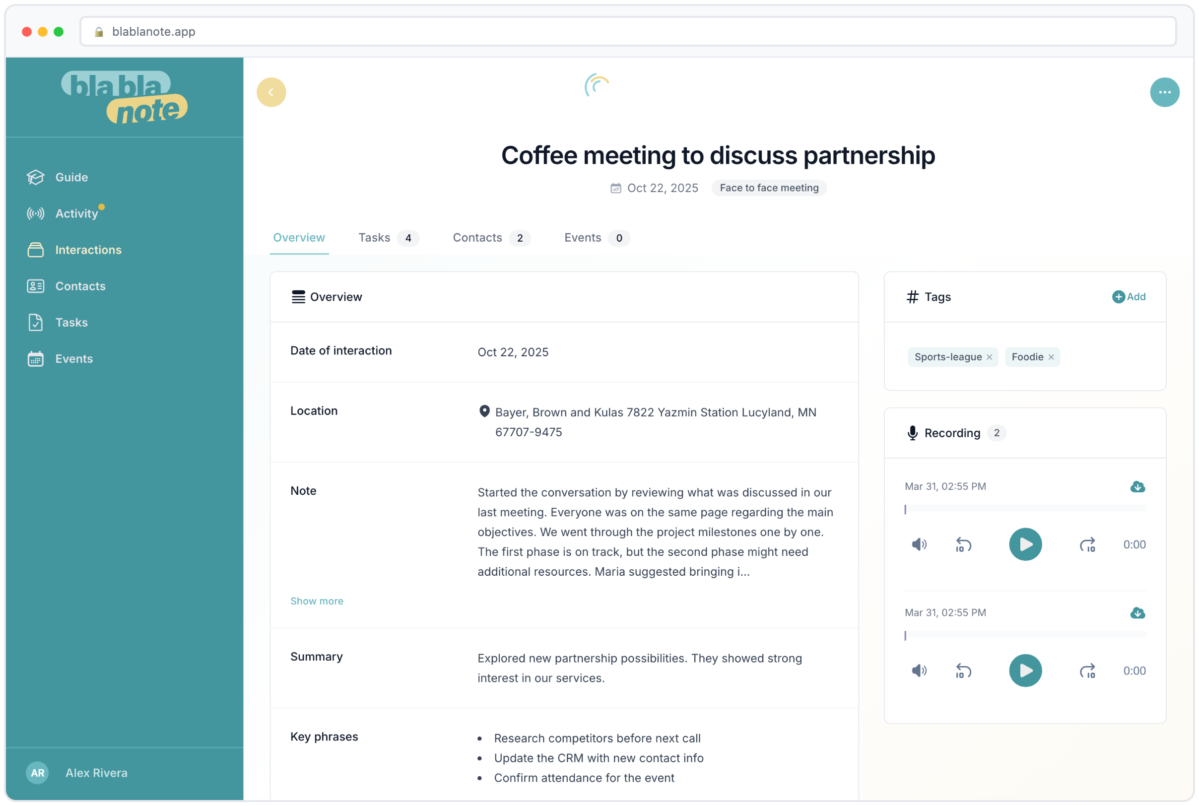 BlaBlaNote interaction detail with full transcription and metadata