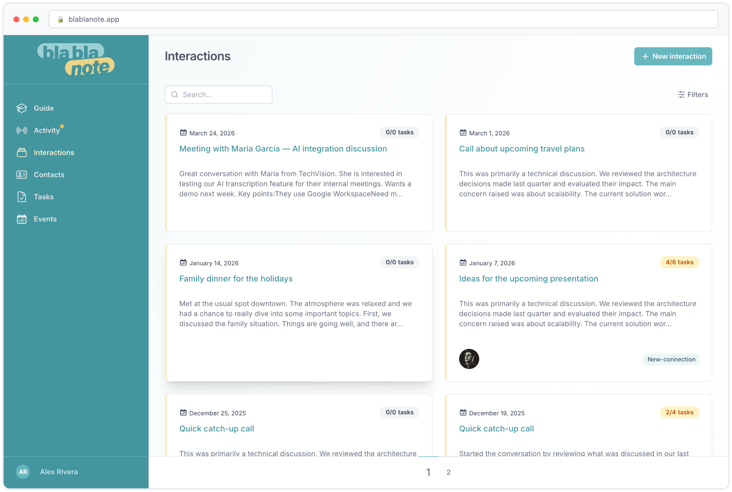 BlaBlaNote interactions list showing all conversations with summaries