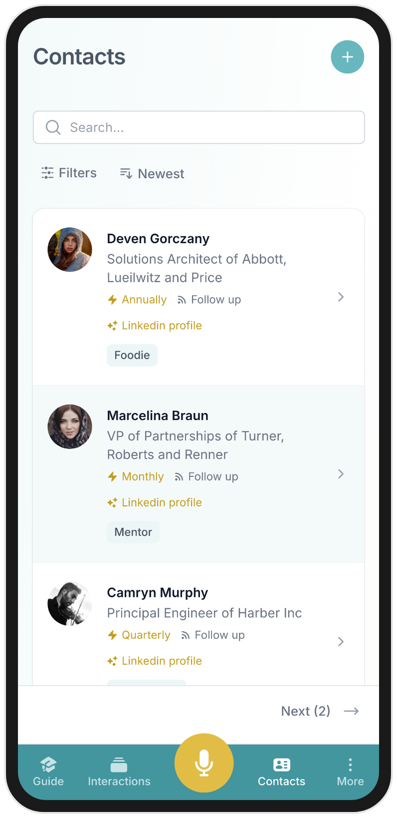BlaBlaNote mobile app contacts list with follow-up tracking
