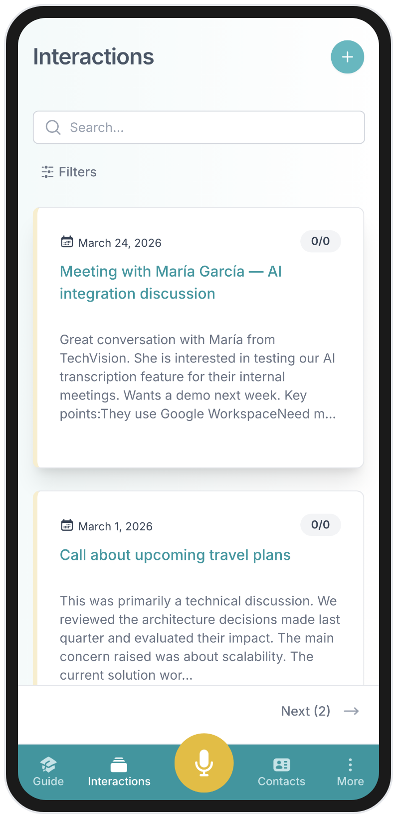 BlaBlaNote mobile app interactions list
