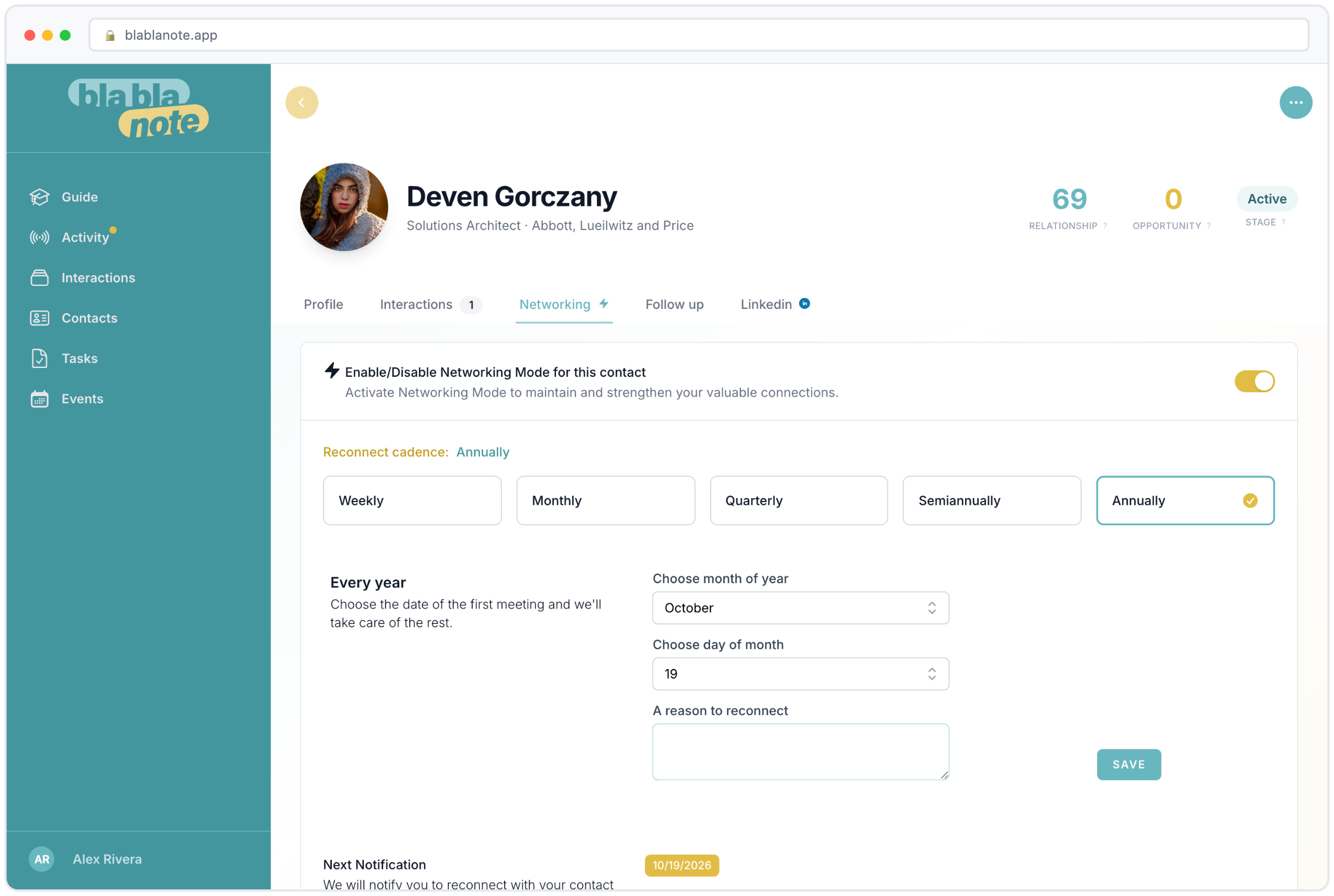 Contact follow-up cadence settings in BlaBlaNote