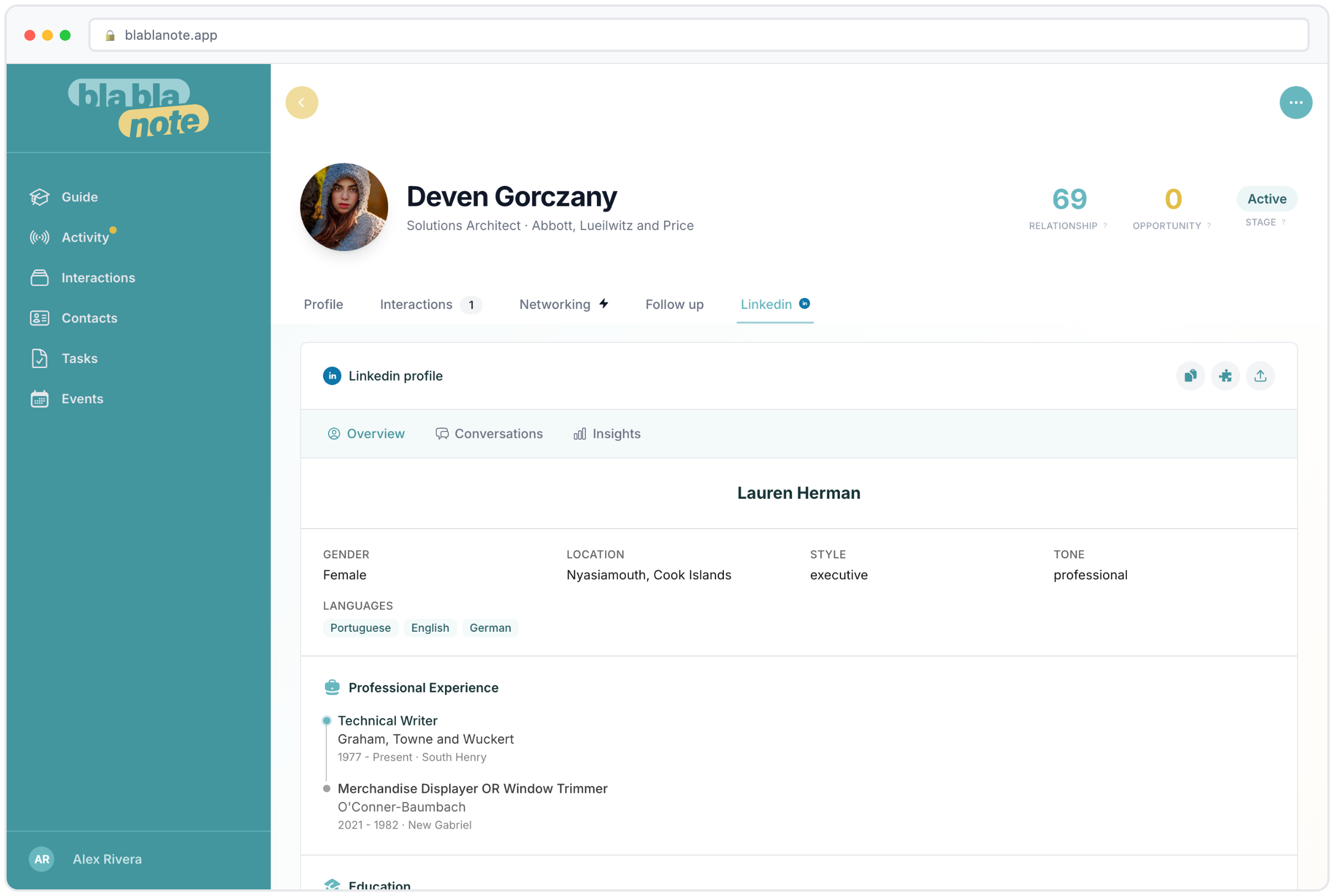 Contact profile enriched with LinkedIn professional data