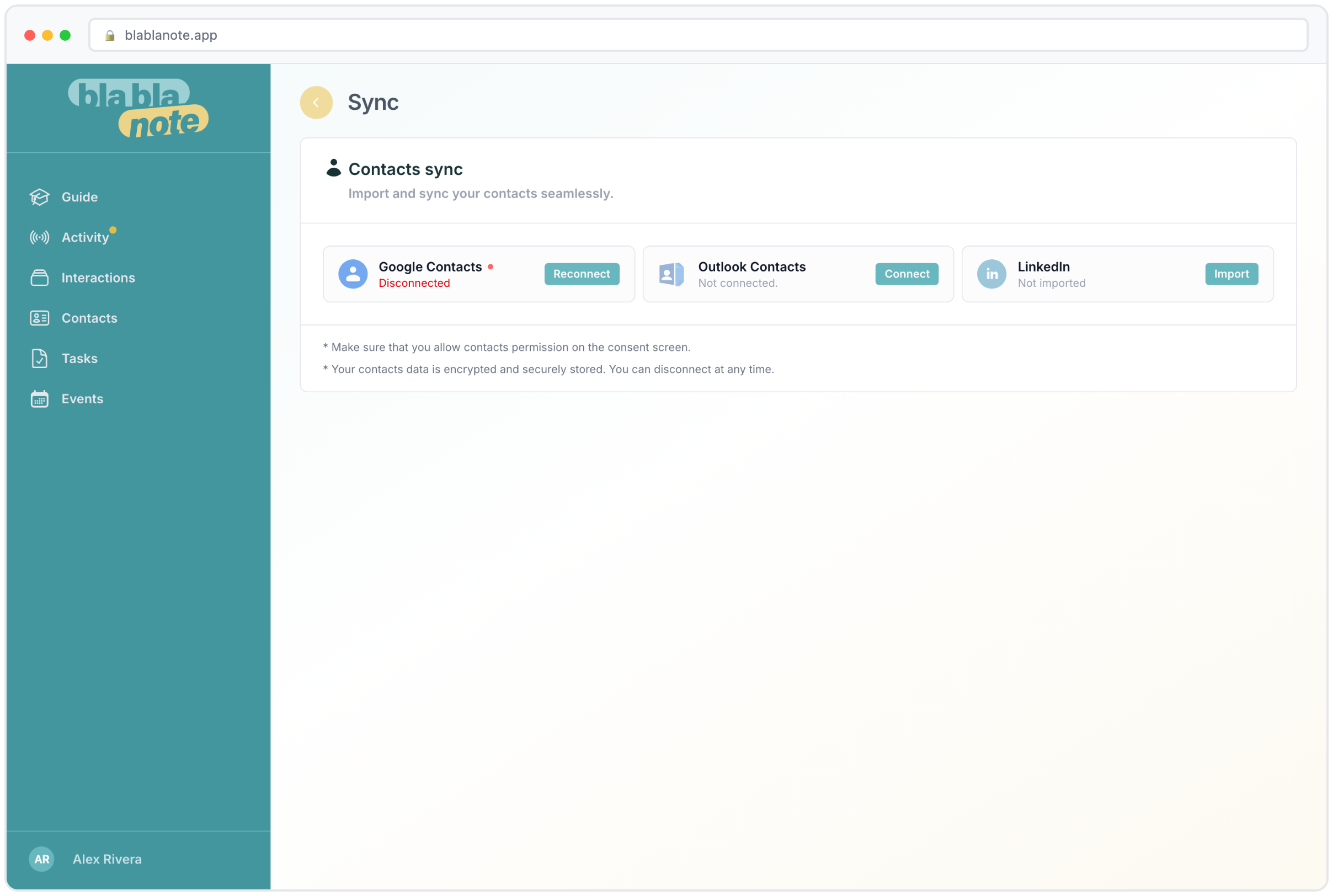 Settings showing imported contacts from multiple sources