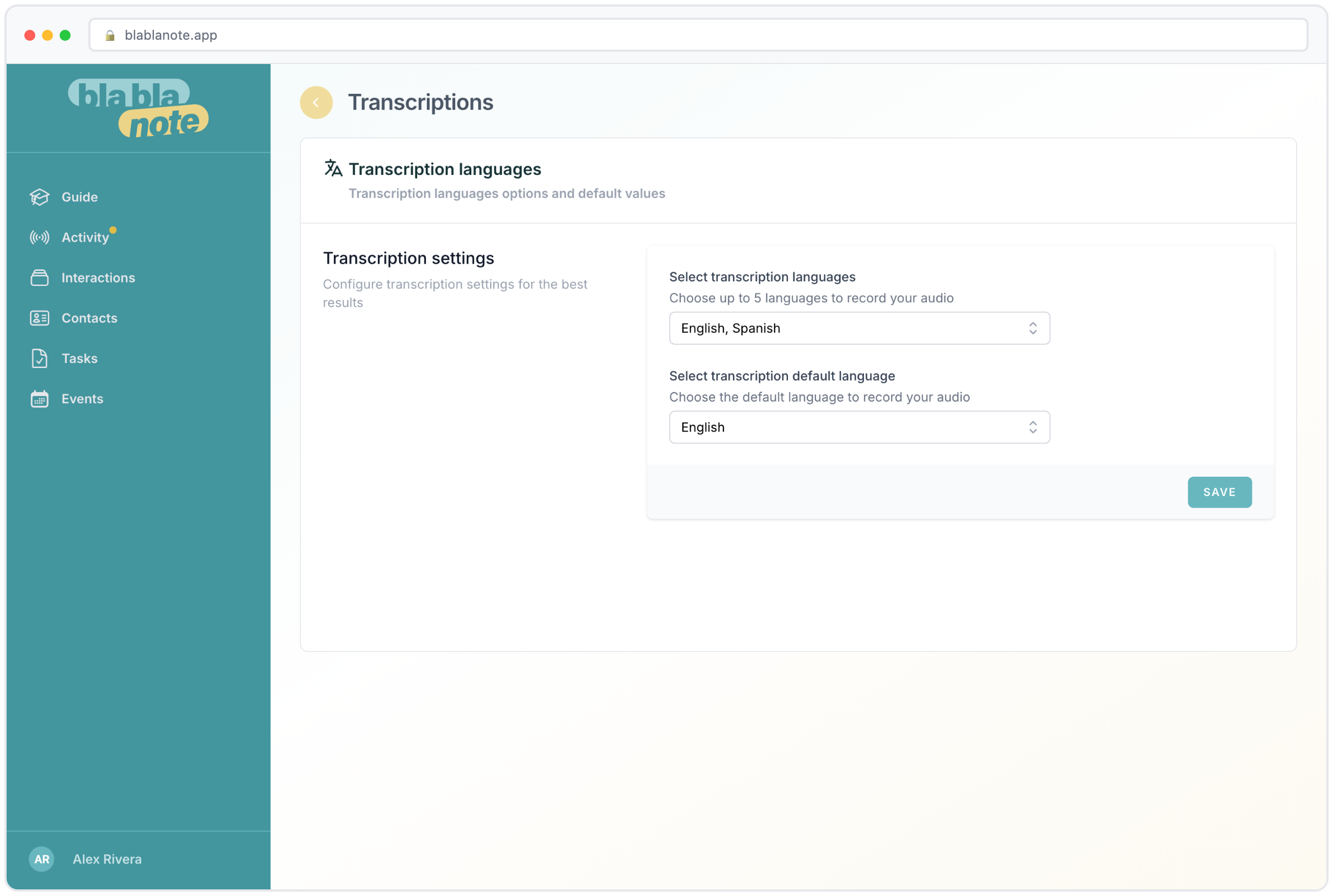 Transcription settings with language preferences