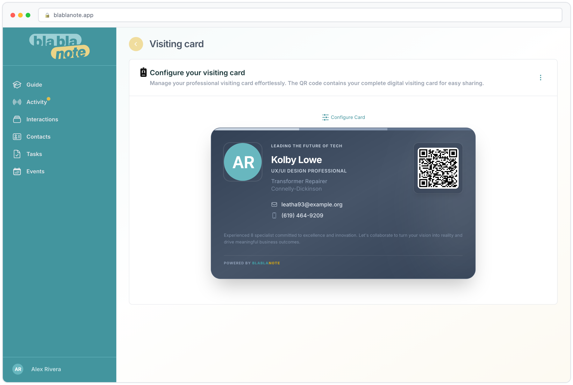 Digital business card with QR code for instant sharing