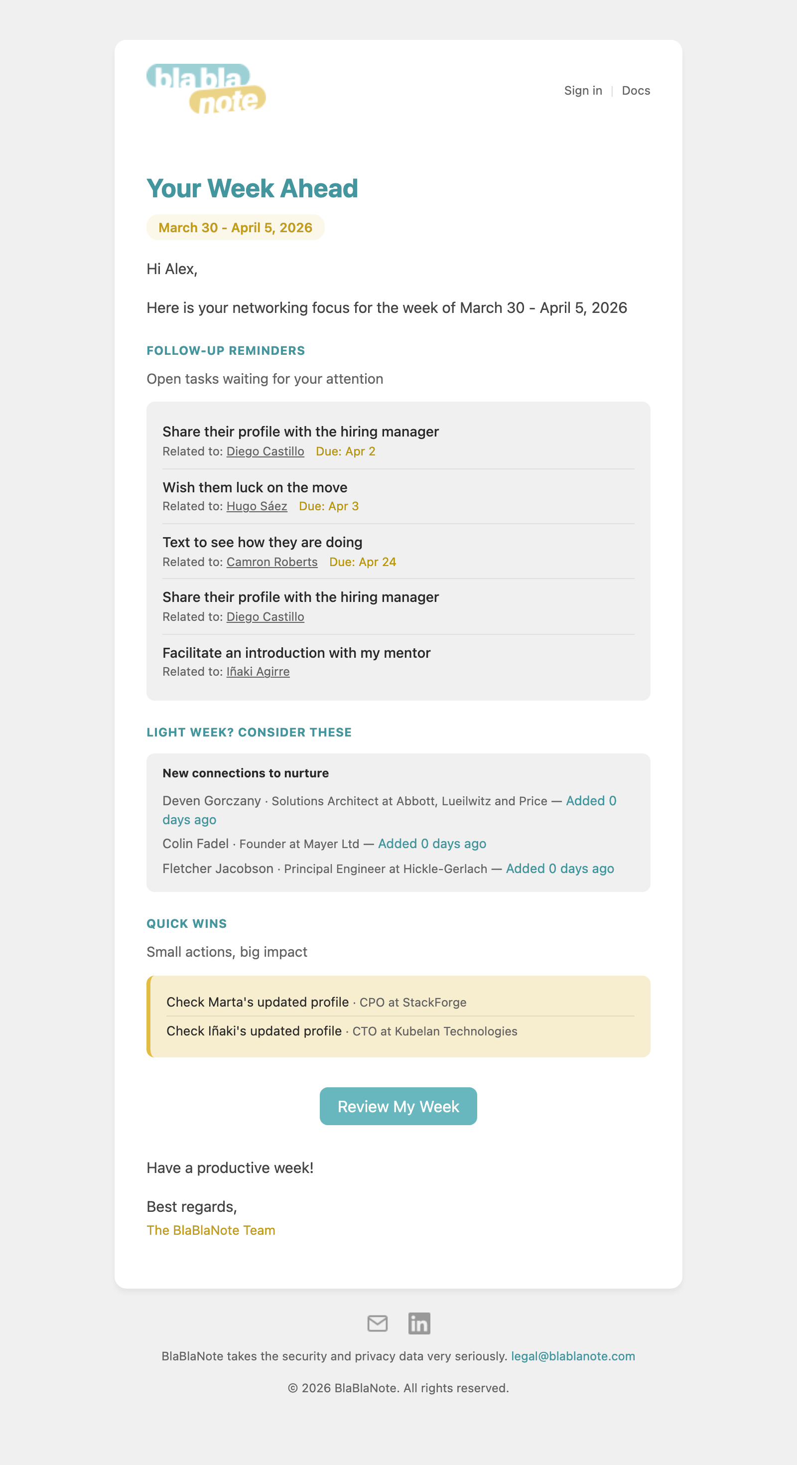 BlaBlaNote weekly planning email with follow-up reminders, new connections, and quick wins